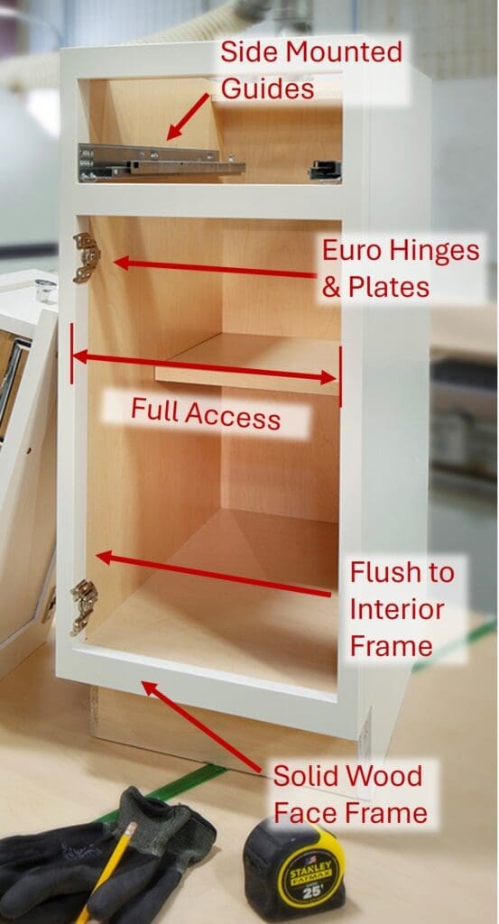 Interior of a TruFrame cabinet with labeled components showing full-access construction